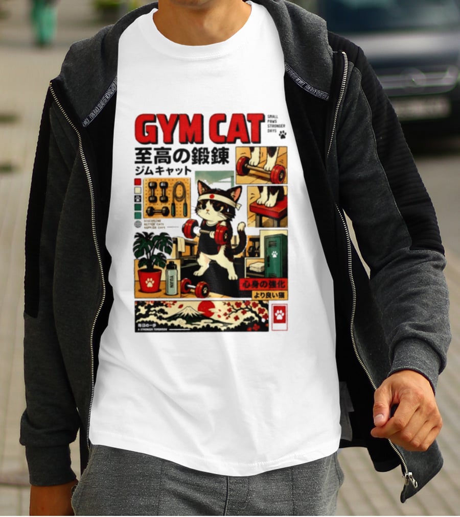 GYM CAT Small Paws Stronger Days Stronger Tomorrow Japan Fitness Comic T-Shirt