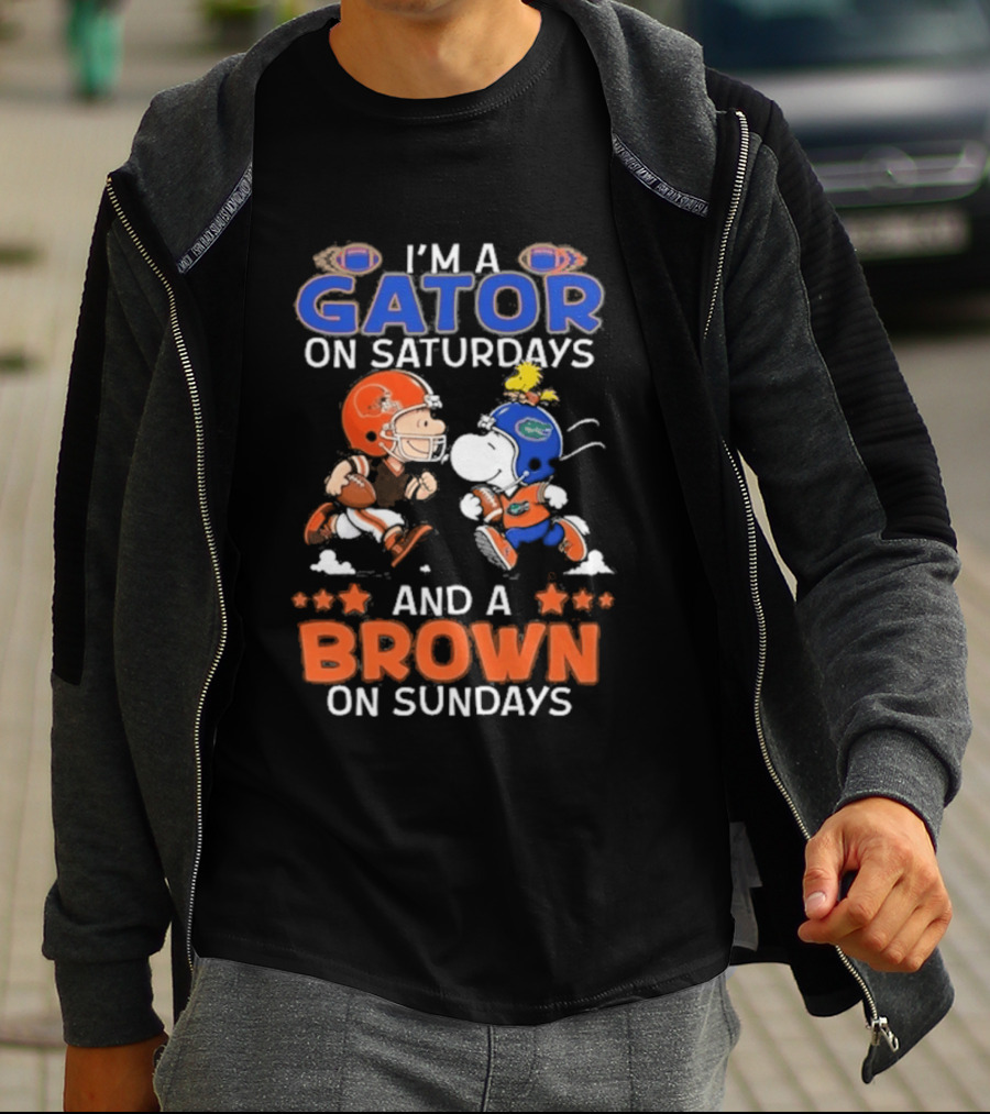 Charlie Brown Snoopy I'm A Gator On Saturdays And A Brown On Sundays Football Helmets T-Shirt