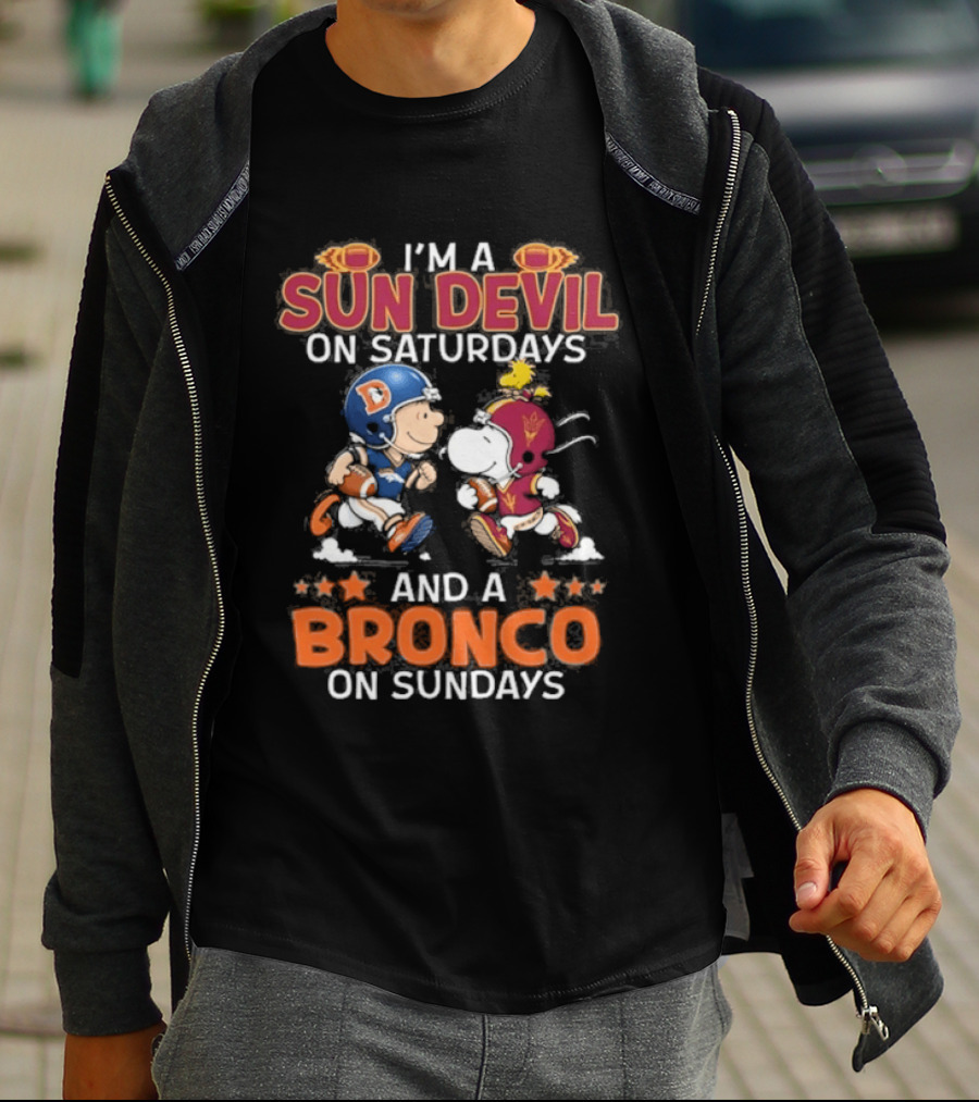 Charlie Brown Snoopy Sun Devil Saturdays Broncos Sundays Football Fan Duo T-Shirt