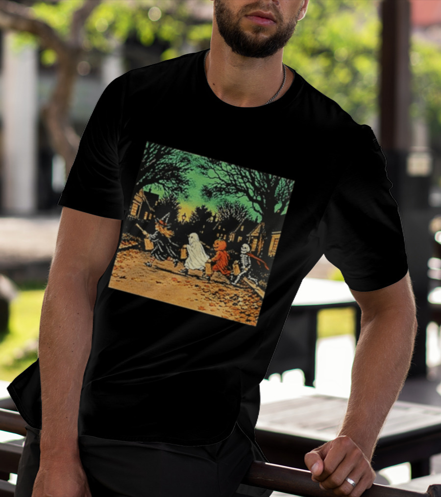 Trick Or Treat Witch Ghost Pumpkin Skeleton Halloween Scene T-Shirt