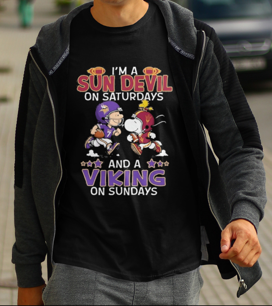 Charlie Brown Snoopy Sun Devil Saturdays Viking Sundays Peanuts Football T-Shirt