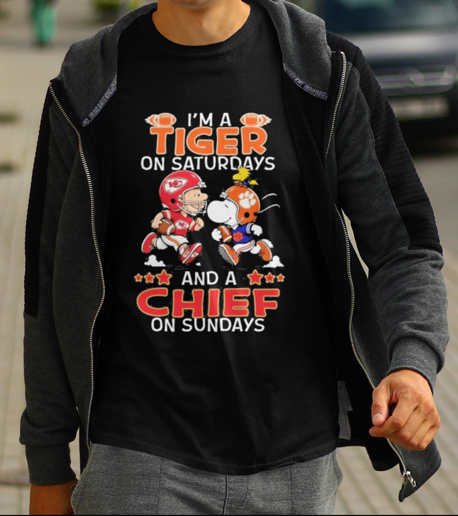 Charlie Brown Snoopy Tiger Saturdays Chief Sundays Football T-Shirt