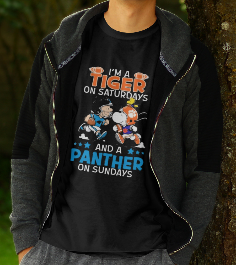 Charlie Brown Snoopy Tiger Saturdays Panther Sundays Football T-Shirt