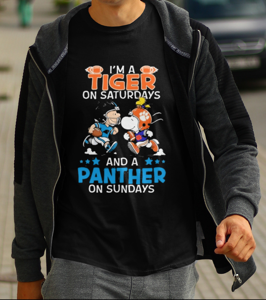 Charlie Brown Snoopy Tiger Saturdays Panther Sundays Football T-Shirt
