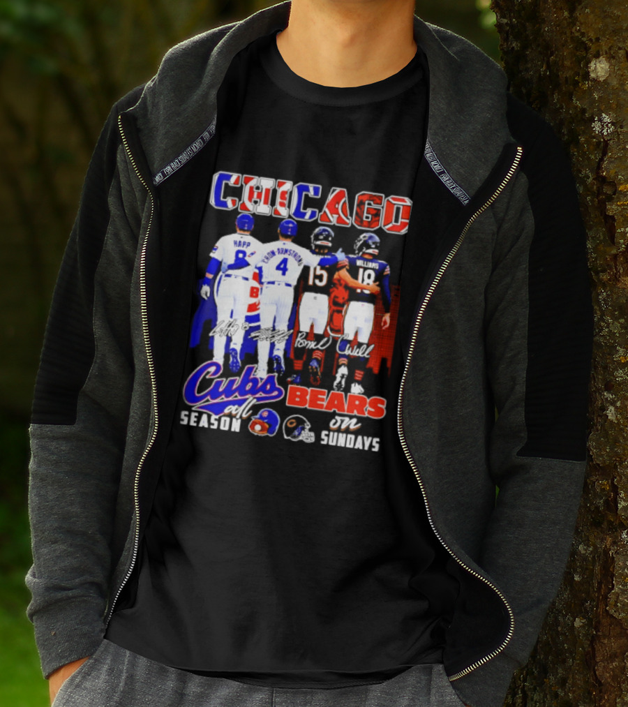 Chicago Cubs Happ And Bote Bears Fields And Moore Signature Skyline Sundays All Season T-Shirt