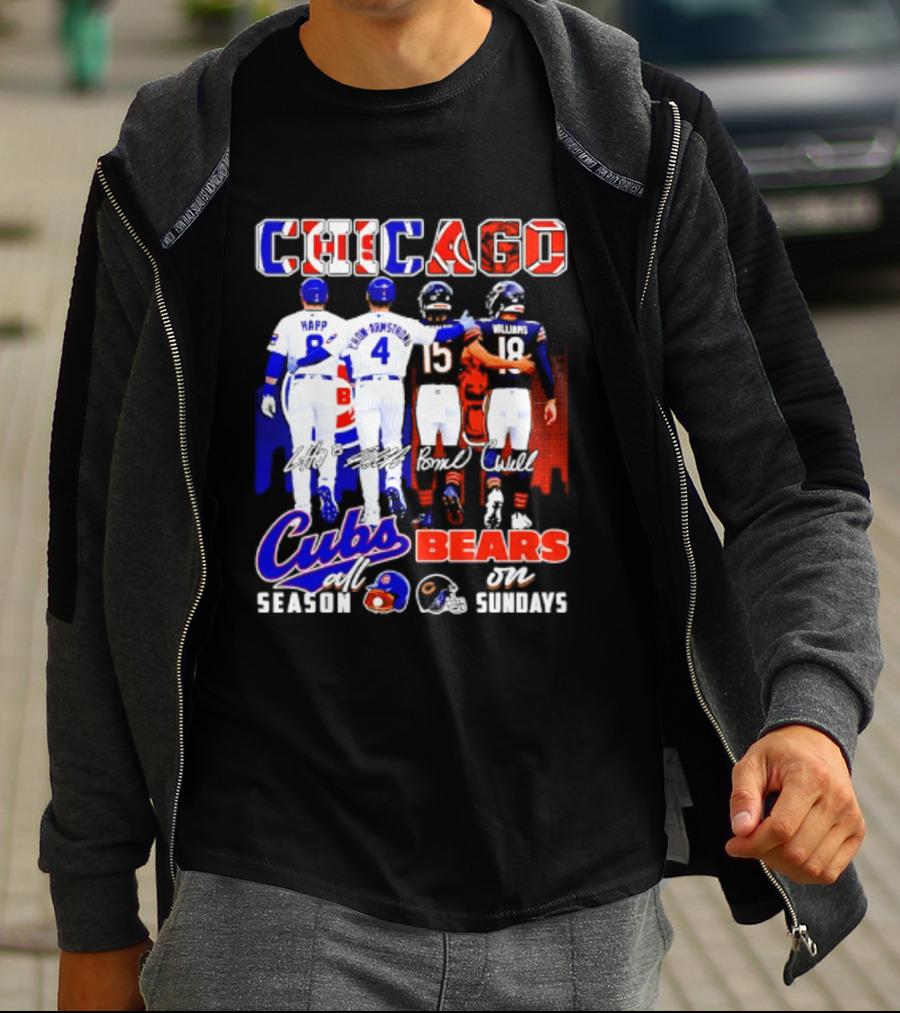 Chicago Cubs Happ And Bote Bears Fields And Moore Signature Skyline Sundays All Season T-Shirt