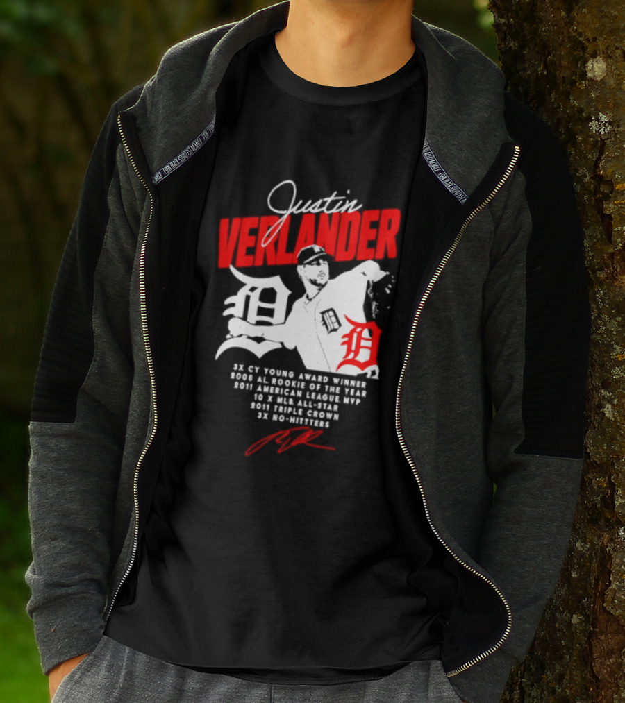 Detroit Tigers Justin Verlander No Hitter AL Rookie MVP Cy Young Winner MLB Career T-Shirt