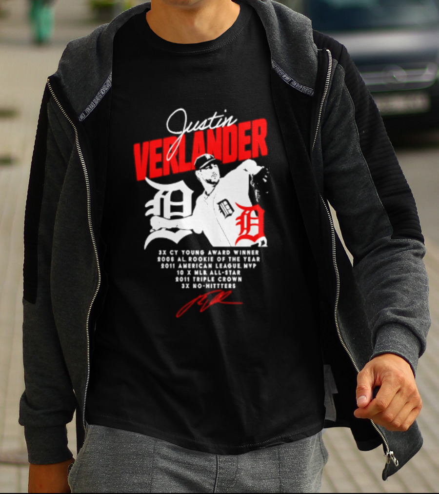 Detroit Tigers Justin Verlander No Hitter AL Rookie MVP Cy Young Winner MLB Career T-Shirt
