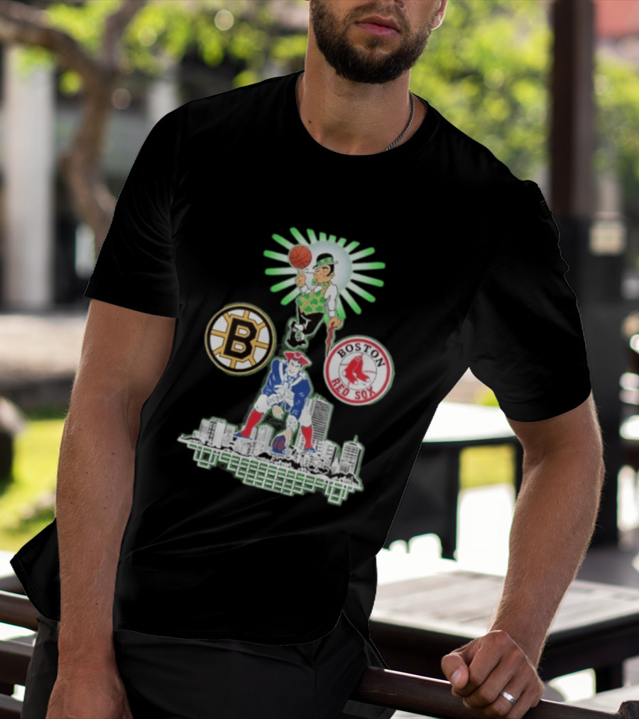 Boston Celtics Red Sox Bruins Skyline Triple Team Sports Boston T-Shirt
