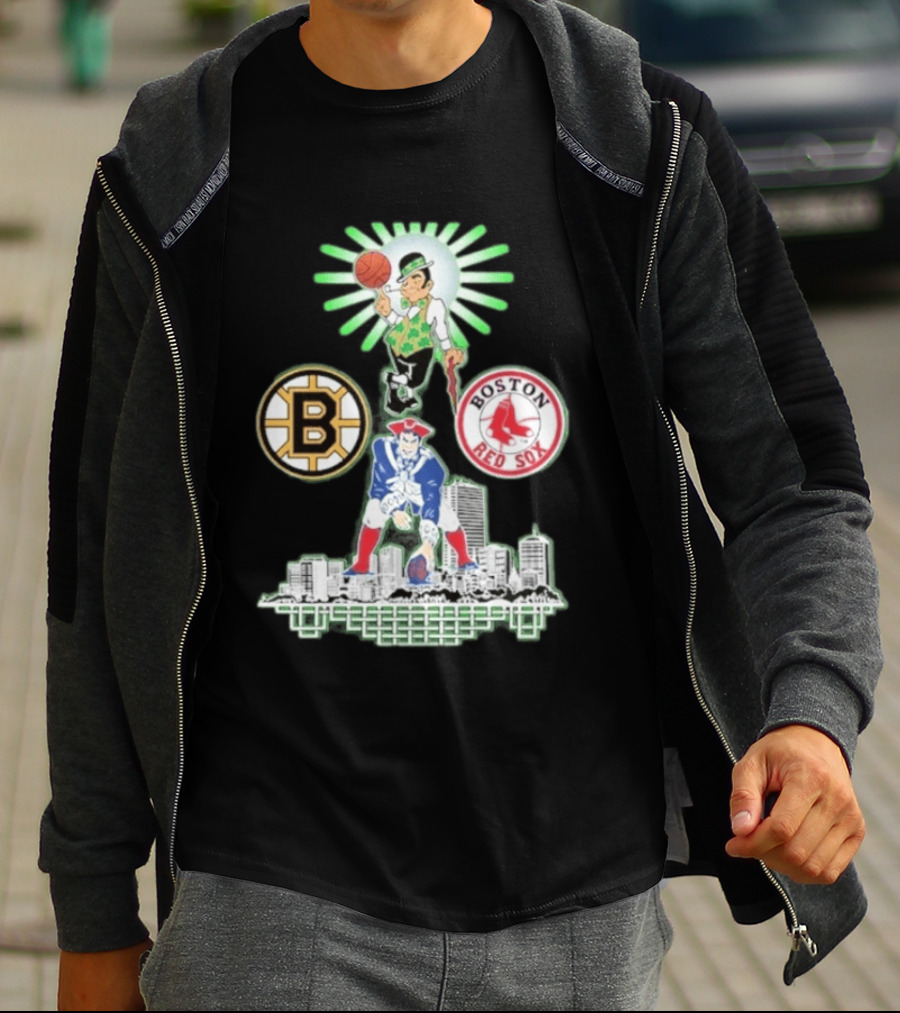 Boston Celtics Red Sox Bruins Skyline Triple Team Sports Boston T-Shirt