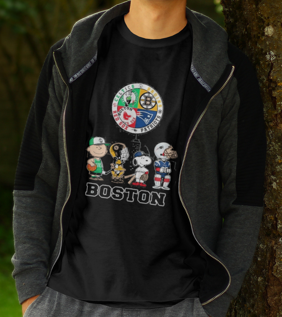 Boston Celtics Bruins Red Sox Patriots Cartoon Characters Skyline Sports T-Shirt
