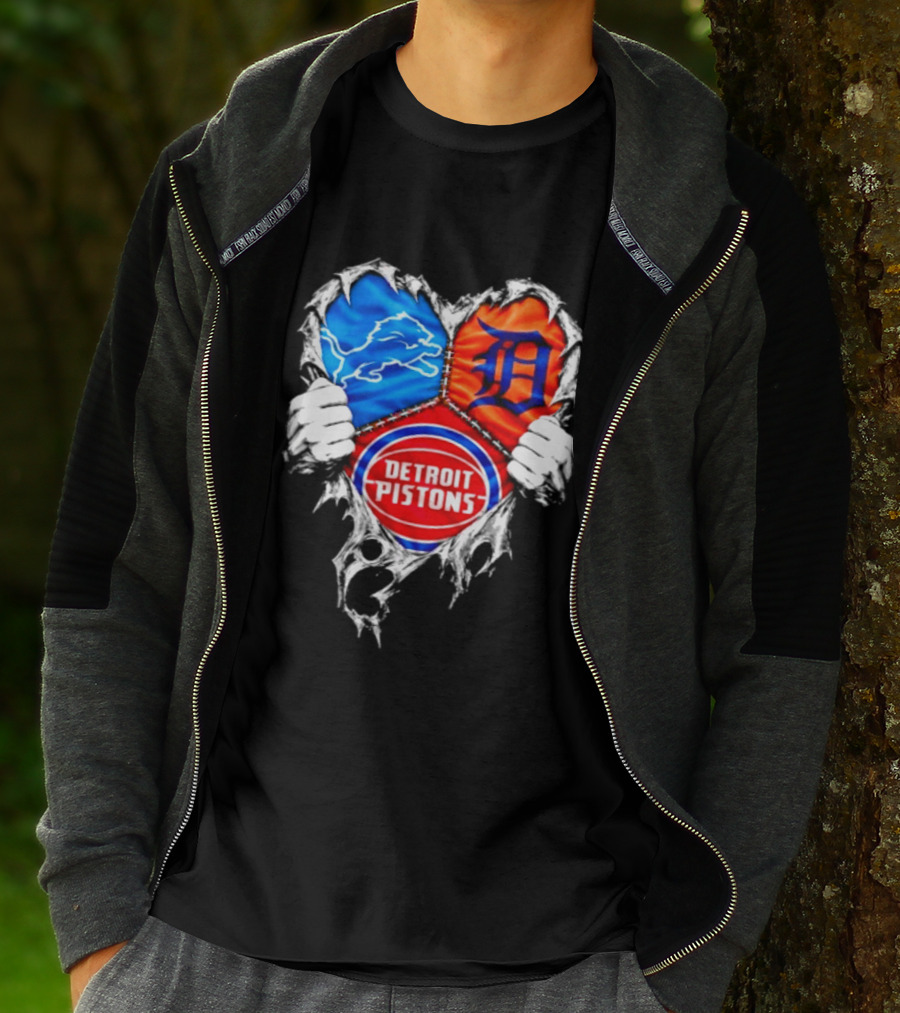 Detroit Lions Tigers Pistons Heart Scratch Mashup T-Shirt