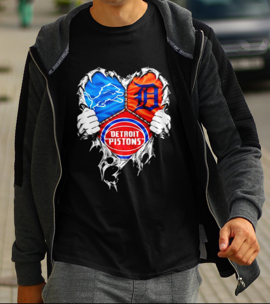 Detroit Lions Tigers Pistons Heart Scratch Mashup T-Shirt