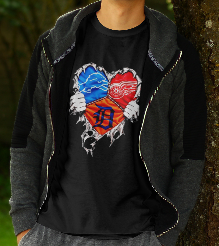 Detroit Lions Red Wings Tigers Heart Scratch Mashup T-Shirt