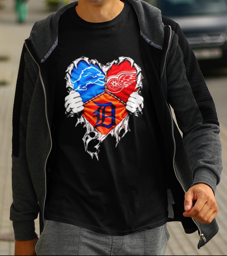 Detroit Lions Red Wings Tigers Heart Scratch Mashup T-Shirt