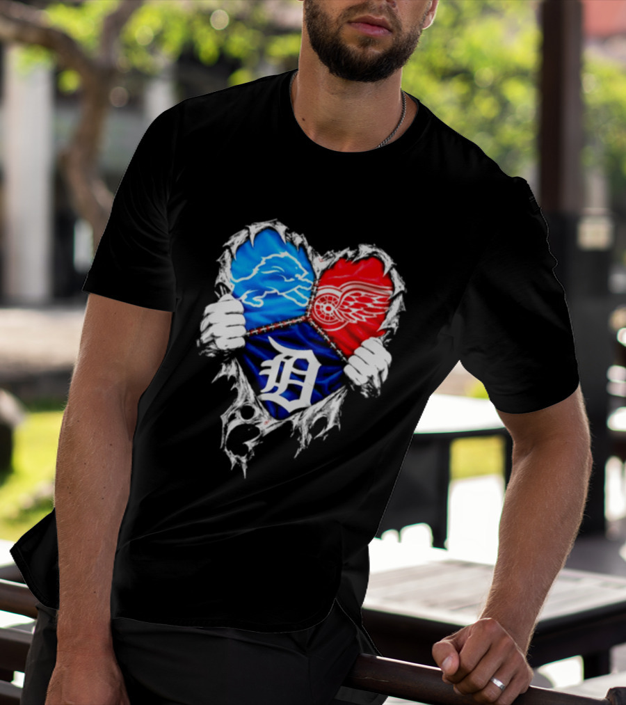 Detroit Lions Red Wings Tigers Heart Scratch Mashup T-Shirt