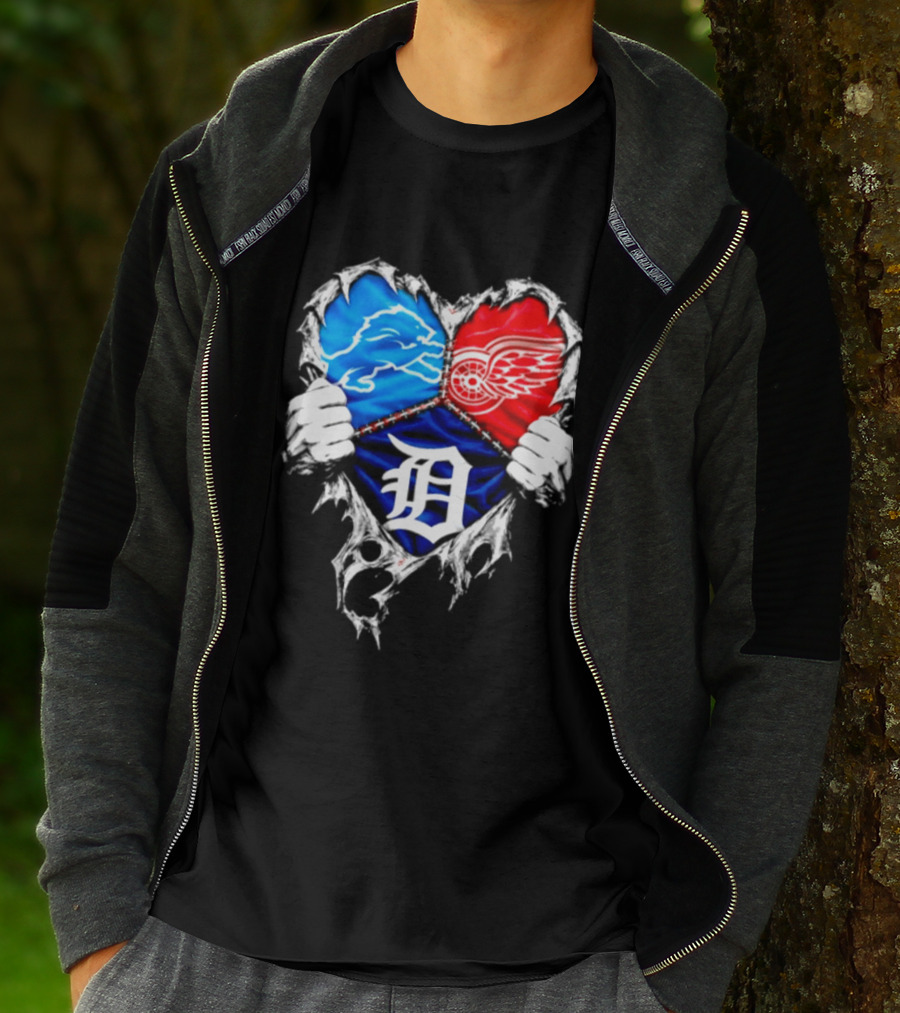 Detroit Lions Red Wings Tigers Heart Scratch Mashup T-Shirt