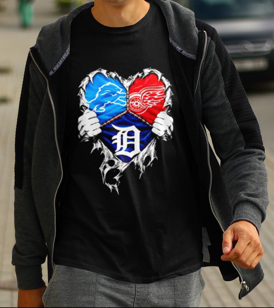 Detroit Lions Red Wings Tigers Heart Scratch Mashup T-Shirt