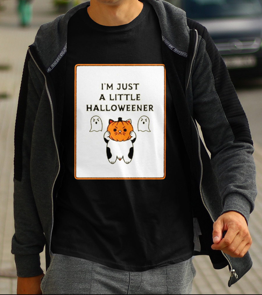 I'm Just A Little Halloweener Cat Holding Pumpkin Face With Ghosts T-Shirt