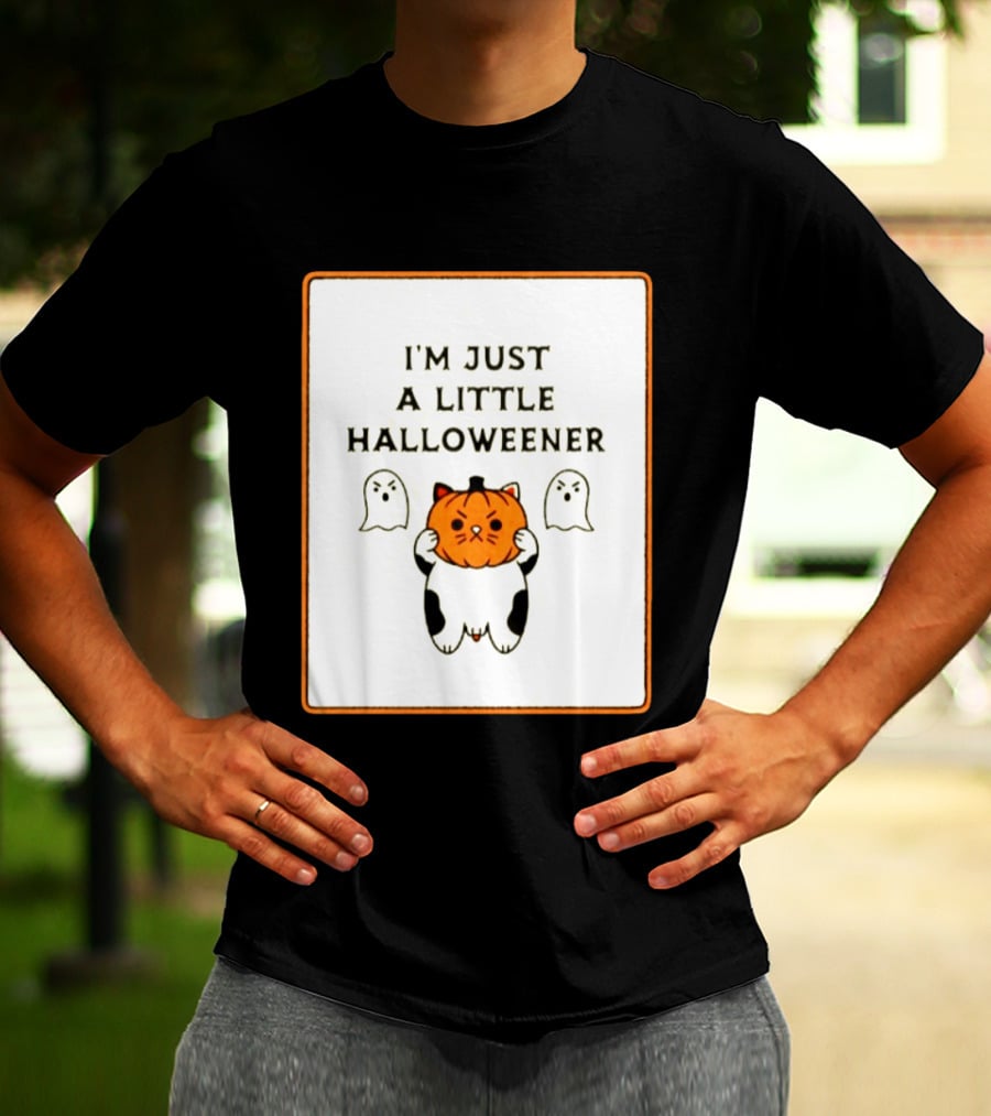 I'm Just A Little Halloweener Cat Holding Pumpkin Face With Ghosts T-Shirt