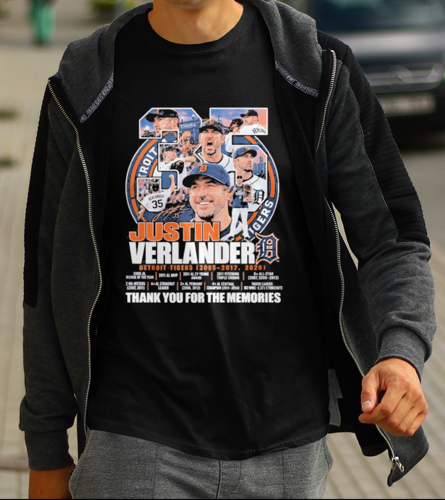 Justin Verlander Detroit Tigers 35 Thank You For The Memories 2005 2017 2026 T-Shirt