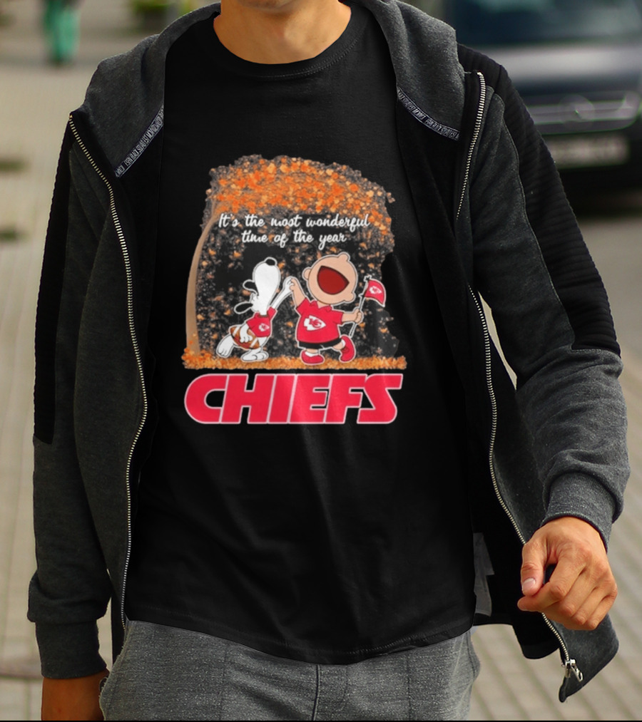 Kansas City Chiefs Snoopy Charlie Brown Dancing It's The Most Wonderful Time Of The Year T-Shirt