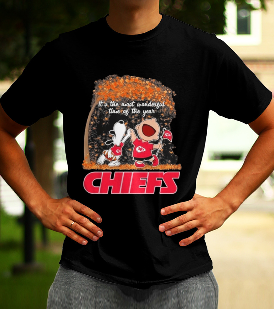Kansas City Chiefs Snoopy Charlie Brown Dancing It's The Most Wonderful Time Of The Year T-Shirt