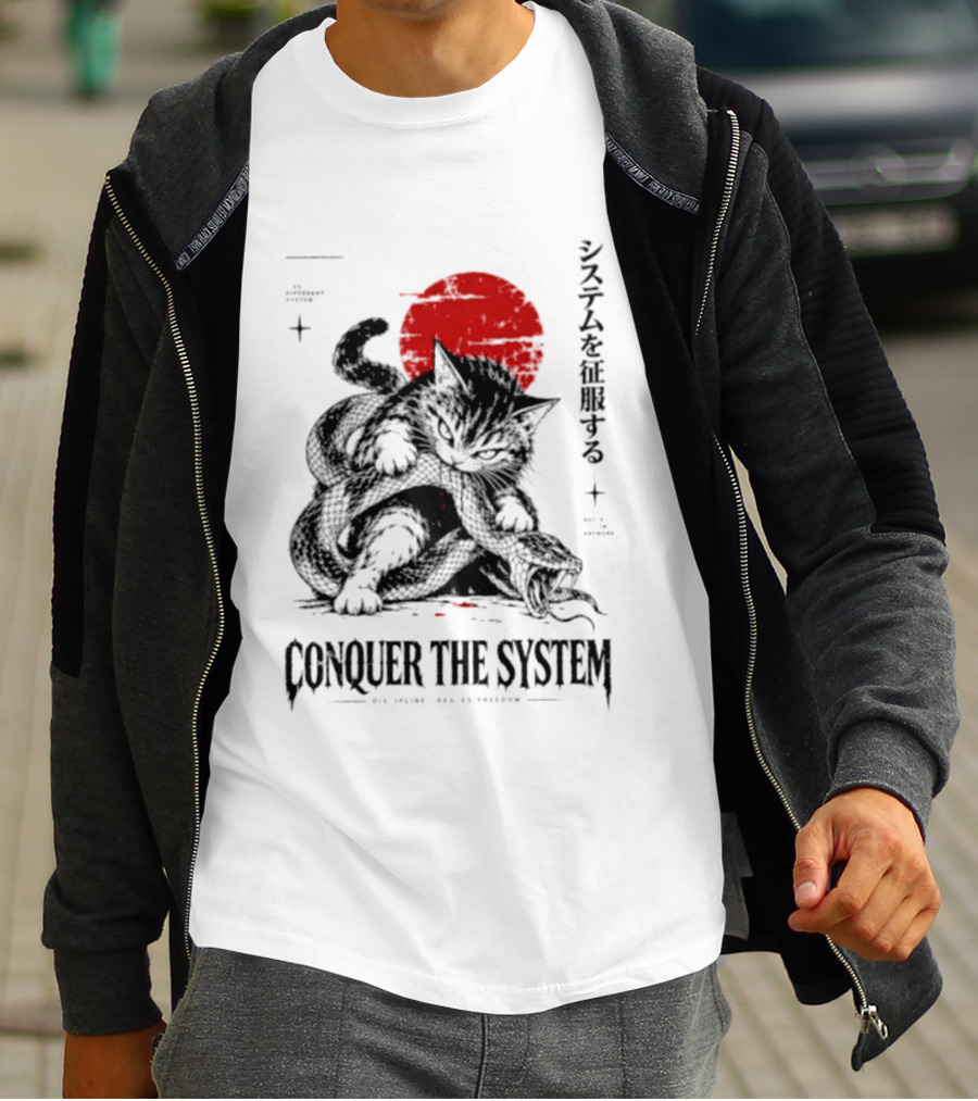 Cat Conquer The System Discipline Creates Freedom Japanese Style Red Sun T-Shirt