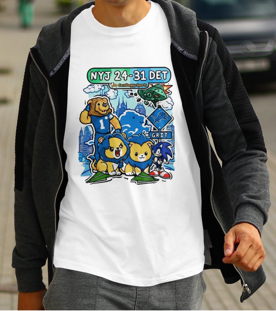 NYJ 24 31 DET Corndoggy Sports Grit Lions Cityscape T-Shirt