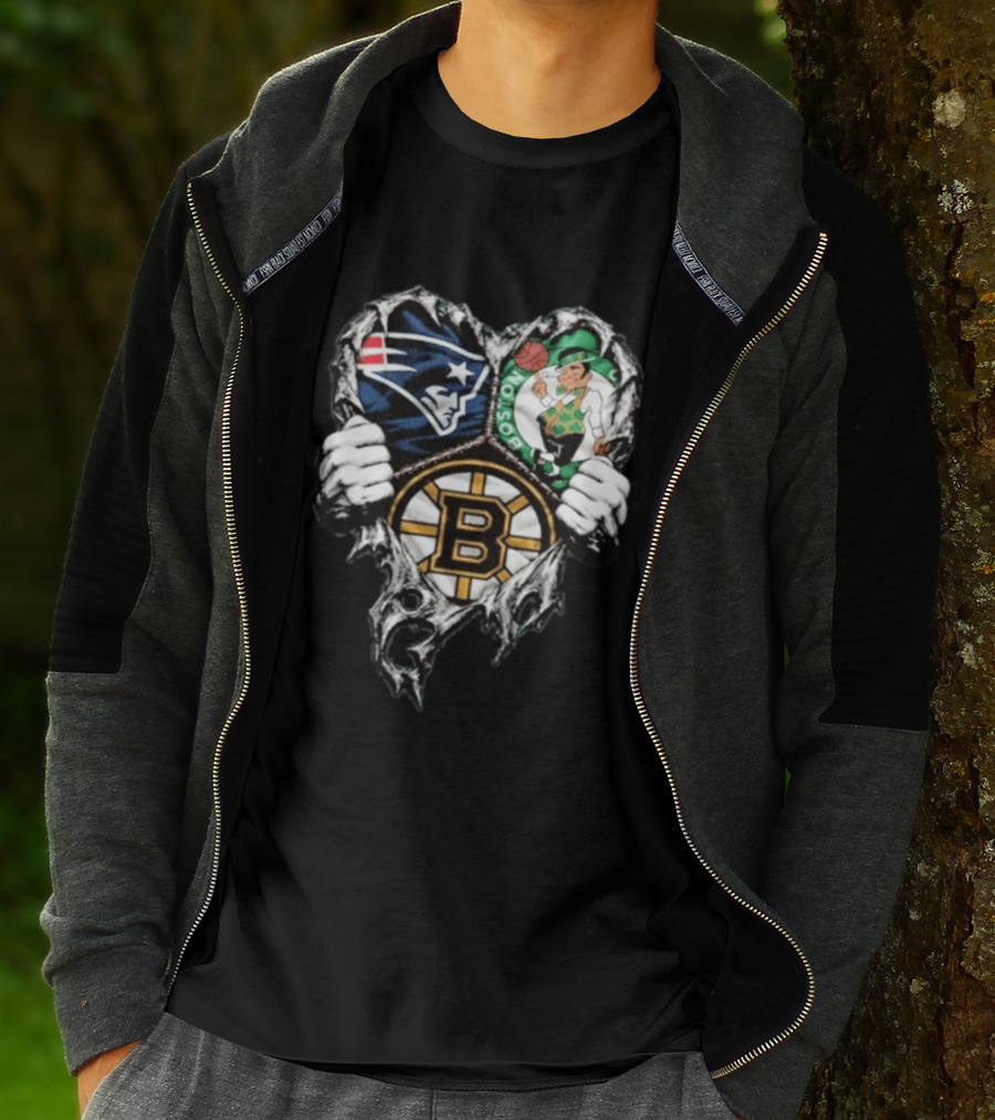 New England Patriots Boston Celtics Boston Bruins Ripped Heart Triple Team Sports T-Shirt