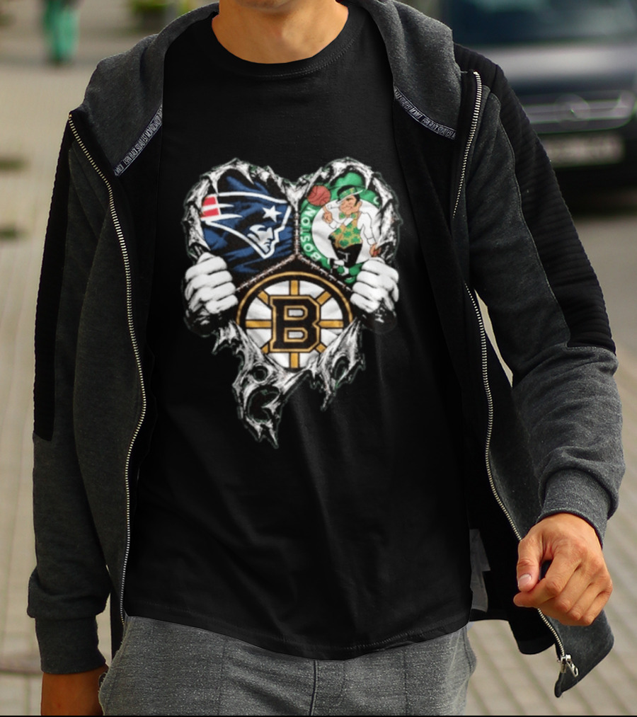 New England Patriots Boston Celtics Boston Bruins Ripped Heart Triple Team Sports T-Shirt