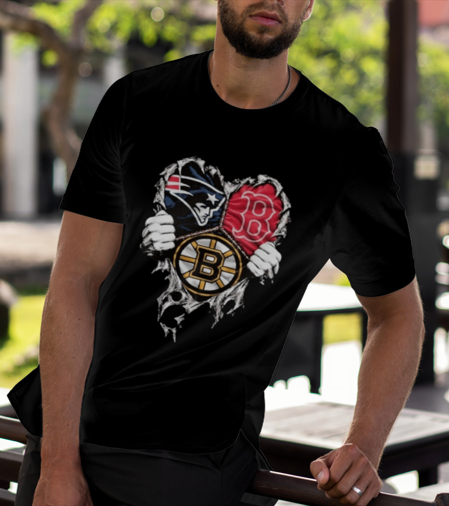 New England Patriots Boston Red Sox Boston Bruins Heart Iconic Trio T-Shirt