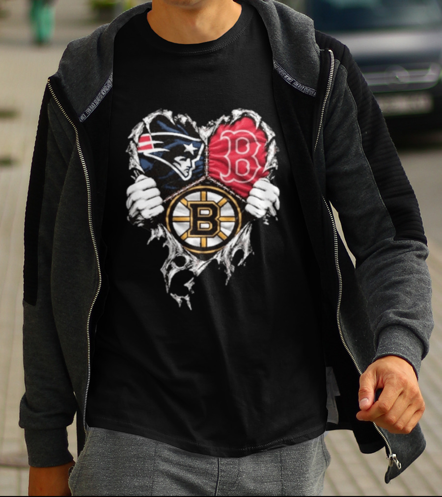 New England Patriots Boston Red Sox Boston Bruins Heart Iconic Trio T-Shirt