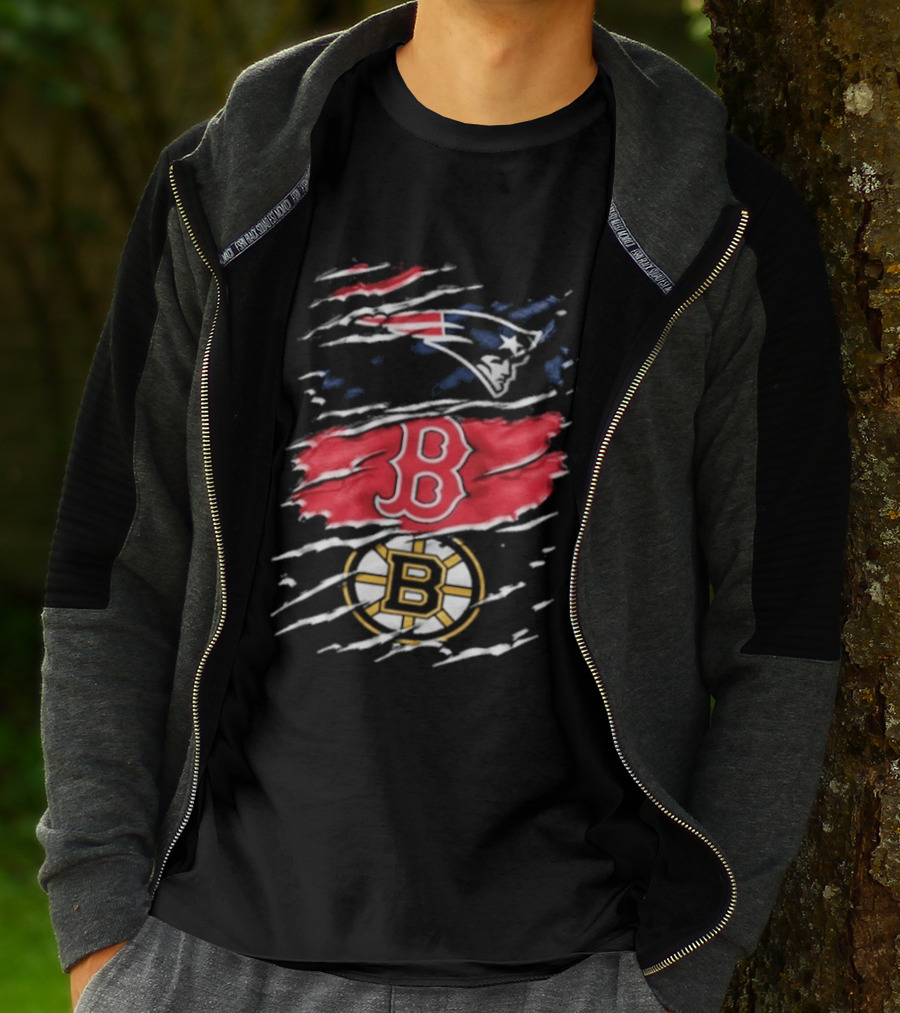 New England Patriots Boston Red Sox Boston Bruins Ripped Distressed Triple Team Sports T-Shirt