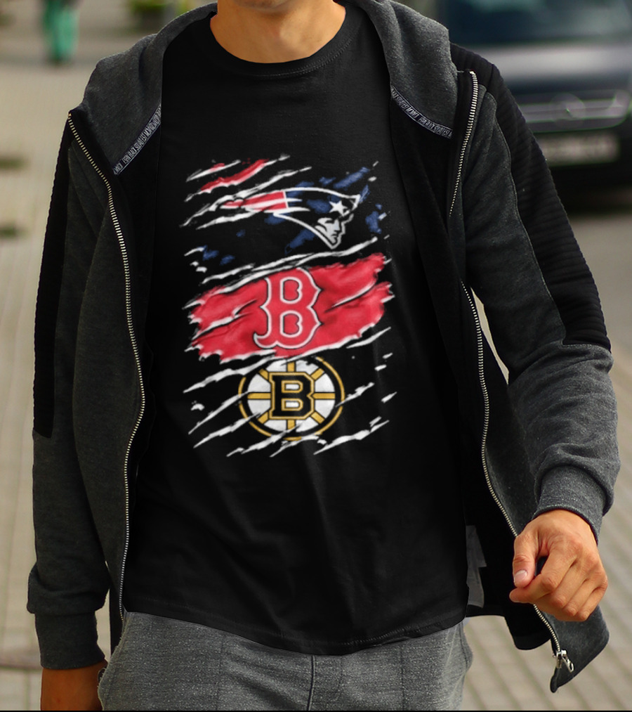New England Patriots Boston Red Sox Boston Bruins Ripped Distressed Triple Team Sports T-Shirt