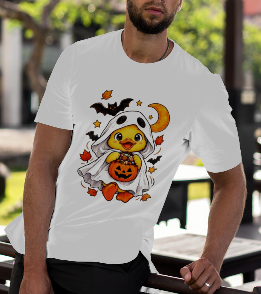 Ghost Ducking With Halloween Pumpkin Candy Bucket Bat Moon And Stars T-Shirt