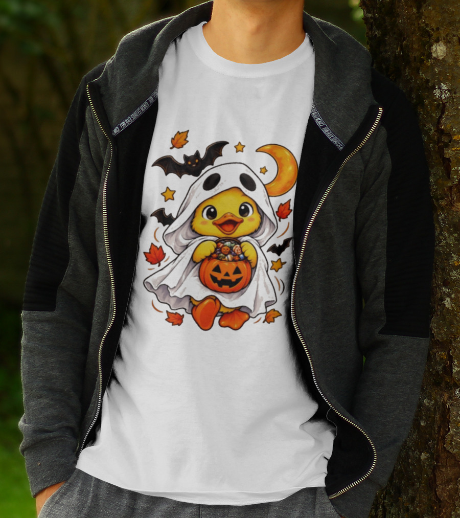 Ghost Ducking With Halloween Pumpkin Candy Bucket Bat Moon And Stars T-Shirt