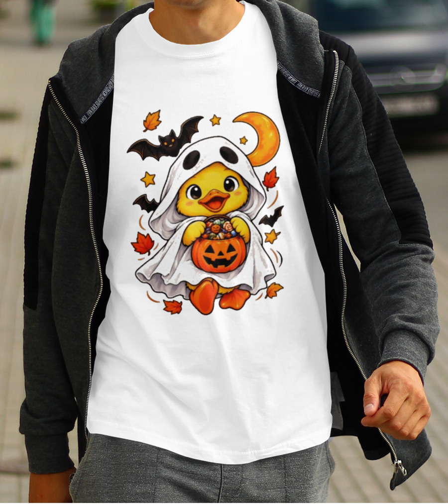 Ghost Ducking With Halloween Pumpkin Candy Bucket Bat Moon And Stars T-Shirt