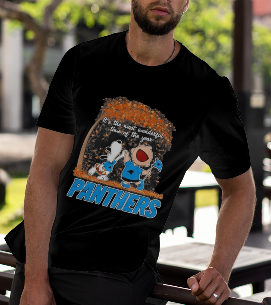 Carolina Panthers Snoopy Charlie Brown Dancing It's The Most Wonderful Time Of The Year 2026 T-Shirt