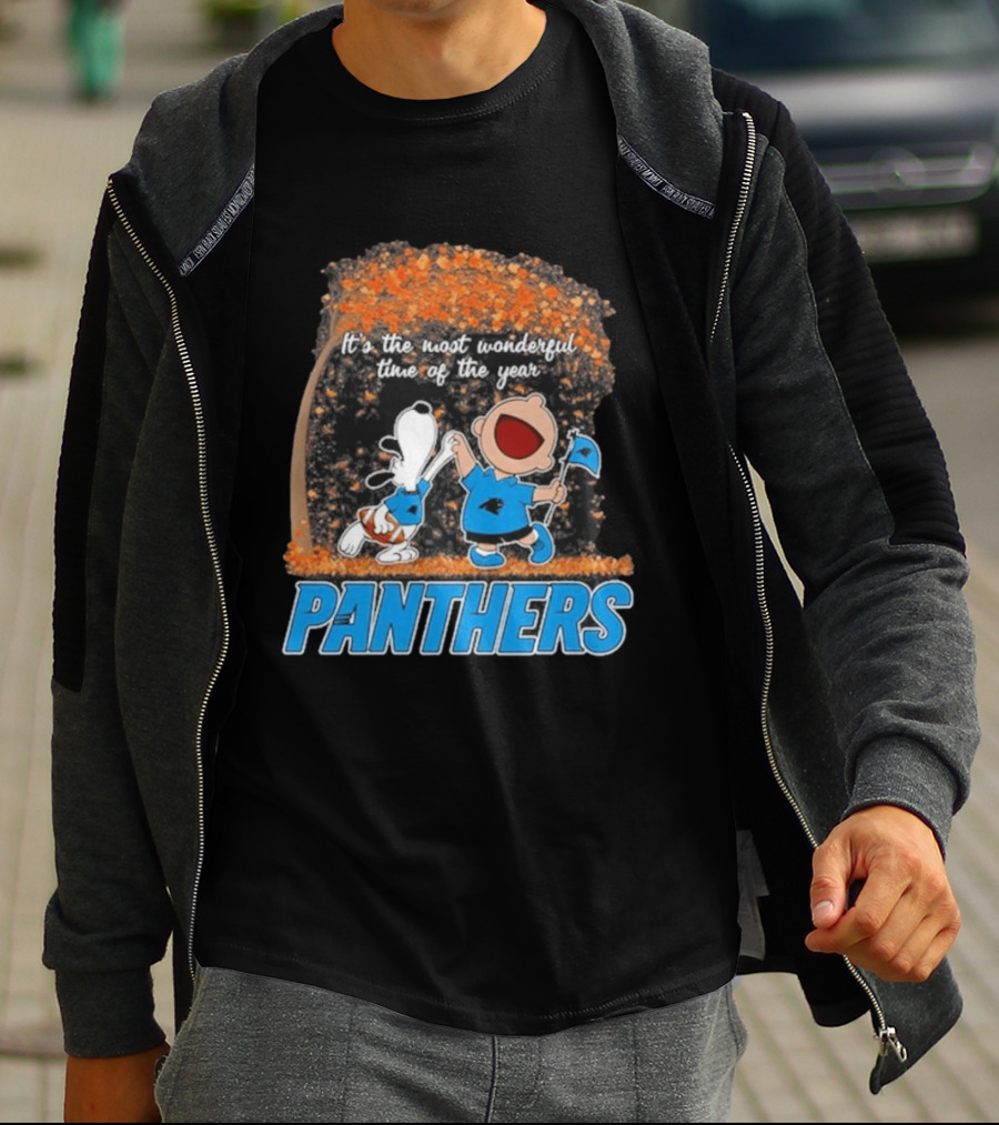 Carolina Panthers Snoopy Charlie Brown Dancing It's The Most Wonderful Time Of The Year 2026 T-Shirt