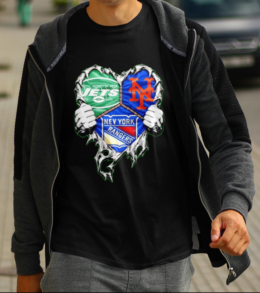 New York Jets Mets Rangers Heart Mashup Scratch T-Shirt