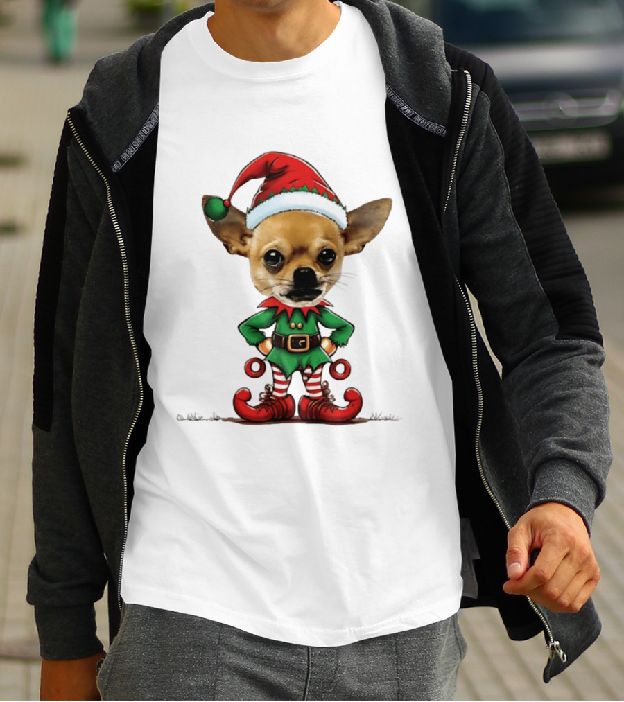 Chihuahua Elf Christmas 2026 Humor Meme Festive Dog In Santa Hat And Green Elf Outfit T-Shirt