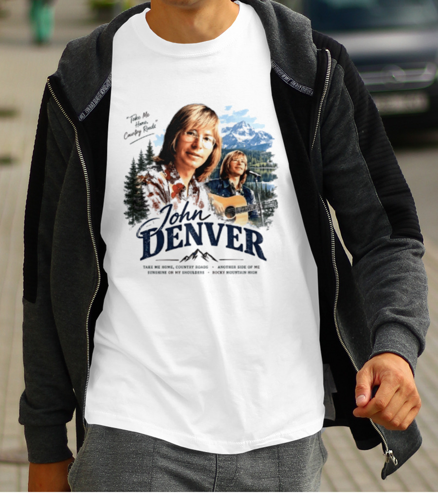 John Denver Take Me Home Country Roads Lyrics Mountains Forest Guitar Scene T-Shirt