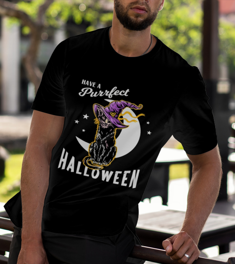 Have A Purrfect Halloween Black Cat And Moon With Witch Hat T-Shirt