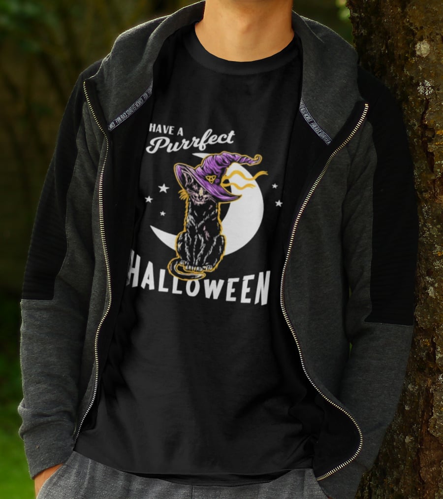 Have A Purrfect Halloween Black Cat And Moon With Witch Hat T-Shirt