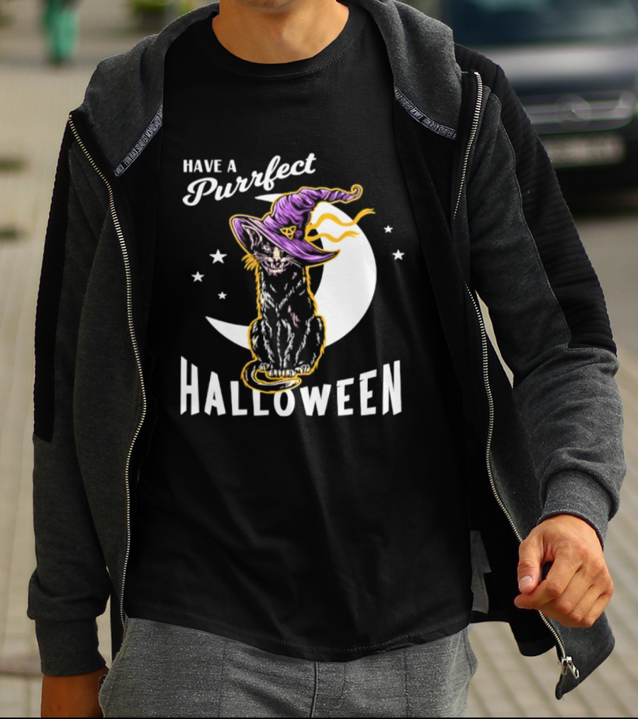 Have A Purrfect Halloween Black Cat And Moon With Witch Hat T-Shirt