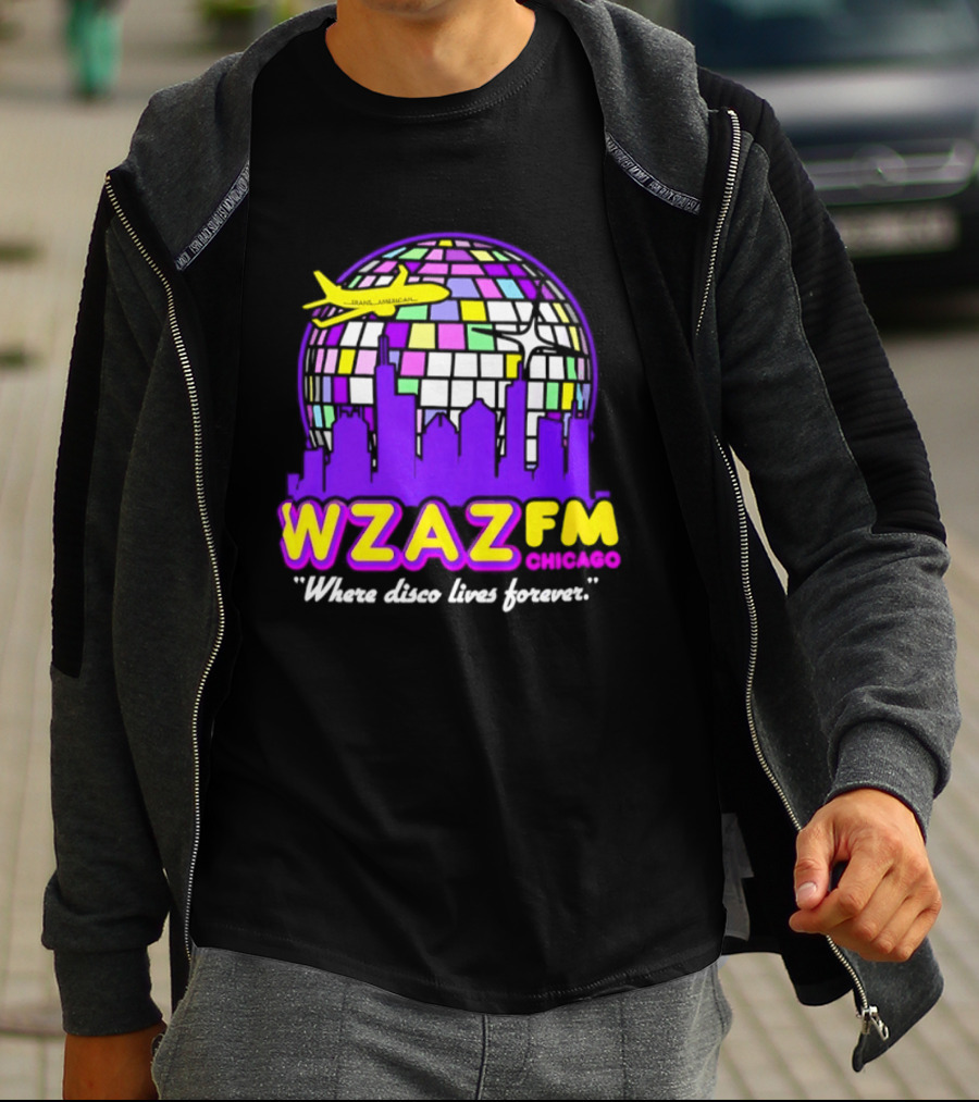 WZAZ FM Chicago Disco Globe And Skyline Where Disco Lives Forever T-Shirt