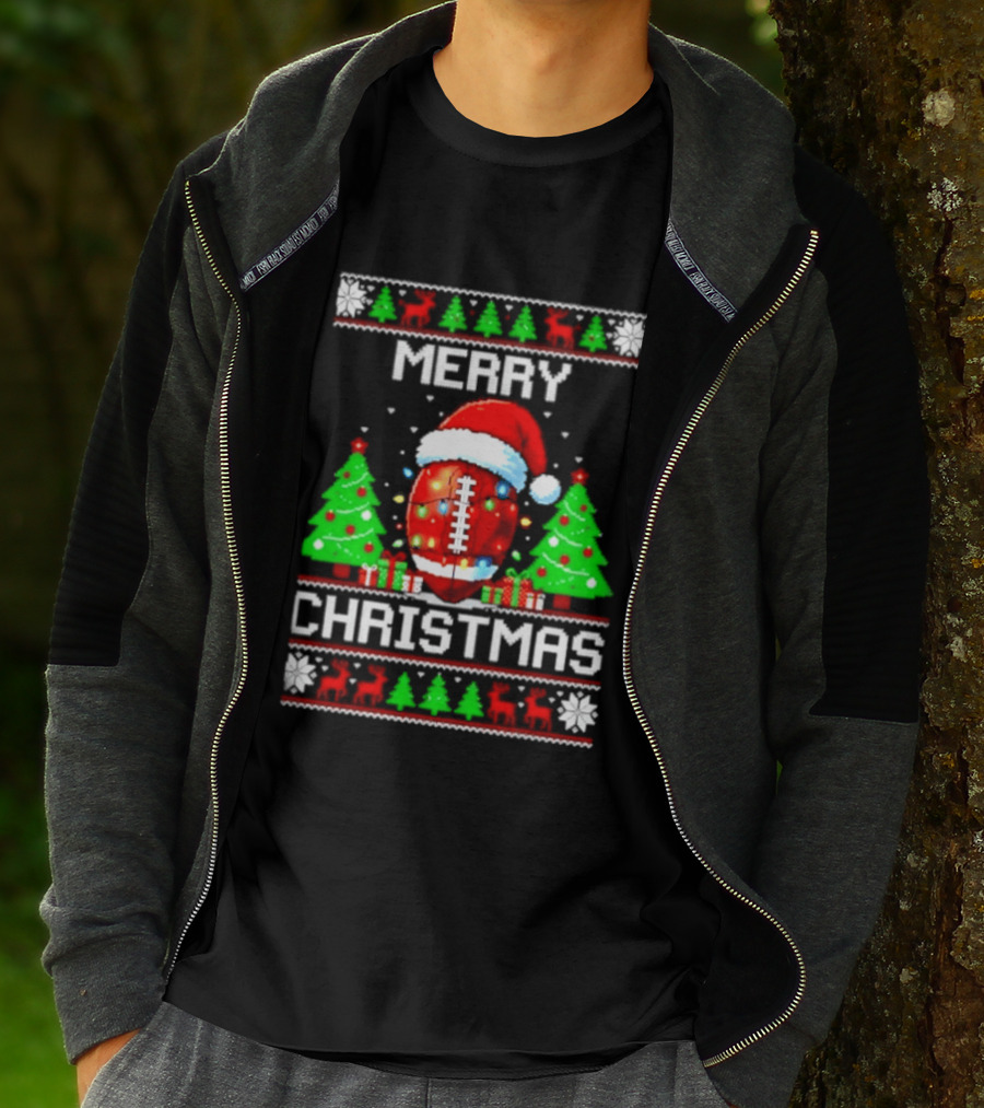 Merry Christmas Football Santa Hat Lights Festive Trees T-Shirt