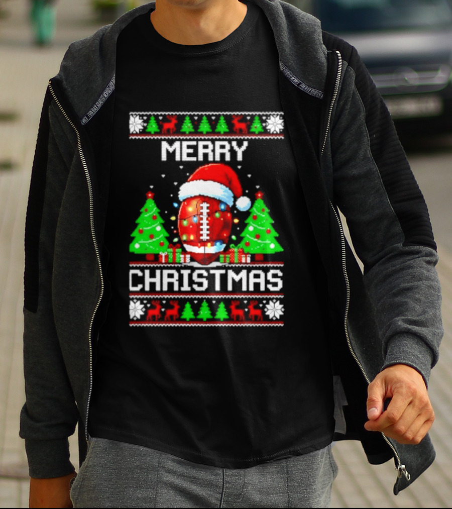Merry Christmas Football Santa Hat Lights Festive Trees T-Shirt