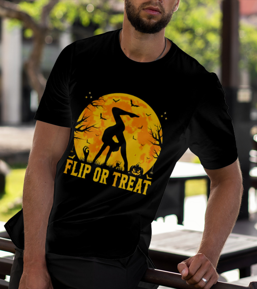 Flip Or Treat Halloween Gymnastics Moon Silhouette Spooky Pumpkin T-Shirt